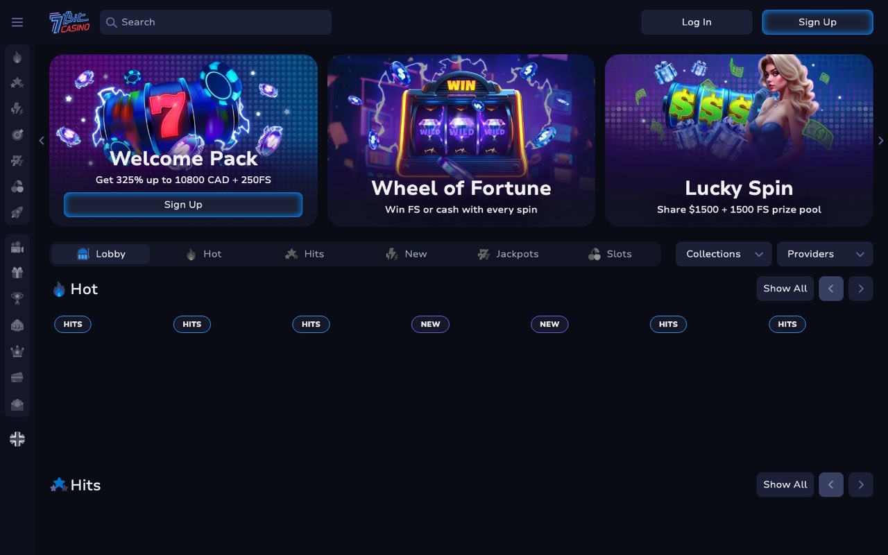 7Bit Casino homepage showing the 325% up to C$10,800 welcome package marketed to Canadian players